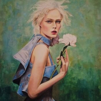 Painting titled "WHITE PEONY" by Laura Segatori, Original Artwork, Oil Mounted on Wood Stretcher frame