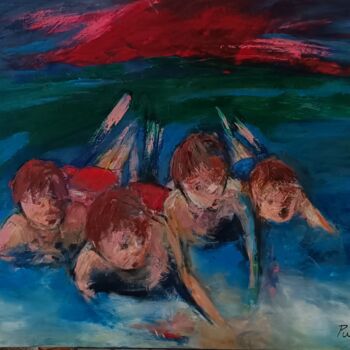 Painting titled "Les Potes" by Laurence Pustoc'H, Original Artwork, Oil Mounted on Wood Stretcher frame