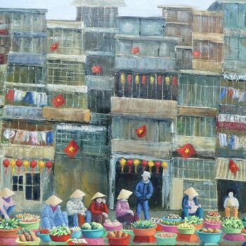 Painting titled "Local Market - Hano…" by Laurence Blanchard, Original Artwork, Oil Mounted on Wood Stretcher frame