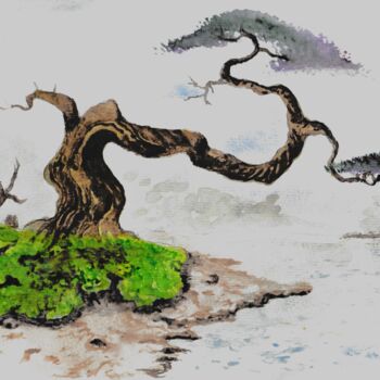 Malerei mit dem Titel "Arbre au bord du lac" von Laurent Senechau, Original-Kunstwerk, Aquarell