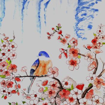 Pintura titulada "Oiseau bleu au ceri…" por Laurent Senechau, Obra de arte original, Acuarela