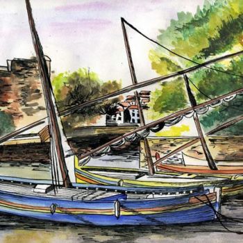 Dessin intitulée "barques a collioure" par Laure Vieusse, Œuvre d'art originale