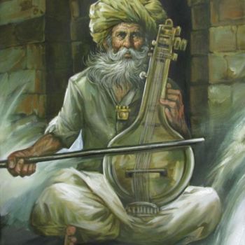 Schilderij getiteld "Sarangi Player 04" door Laxman Kumar Artist Delhi, Origineel Kunstwerk