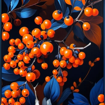 Schilderij getiteld "SEA BUCKTHORN" door Leila Khamchieva, Origineel Kunstwerk, Acryl Gemonteerd op Frame voor houten branca…