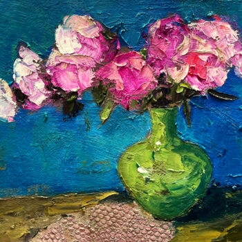 Painting titled "Peonies In Green Va…" by Lena Ru, Original Artwork, Oil