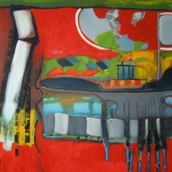 Schilderij getiteld "Red Landscape" door Lenie Van Den Bulk, Origineel Kunstwerk, Olie