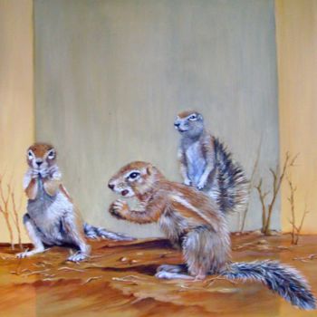 Malarstwo zatytułowany „Ground Squirrels” autorstwa Leonora De Lange, Oryginalna praca, Olej Zamontowany na Drewniana rama n…