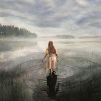 Schilderij getiteld "Girl walkin water 0…" door Lermay Chang, Origineel Kunstwerk, Olie Gemonteerd op Frame voor houten bran…