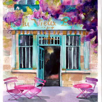 Peinture intitulée ""Paris cafe"" par Leyla Zhunus, Œuvre d'art originale, Aquarelle