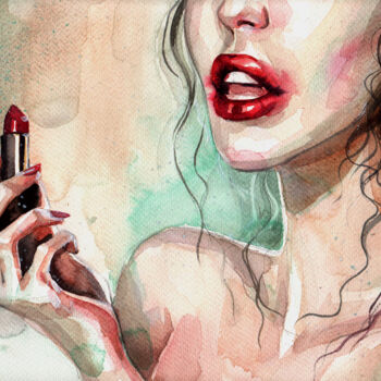 Malerei mit dem Titel ""Lipstick & Bath"" von Leyla Zhunus, Original-Kunstwerk, Aquarell