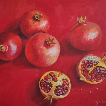 Painting titled "Pomegranate on red…" by Leyla Demir, Original Artwork, Oil Mounted on Wood Stretcher frame