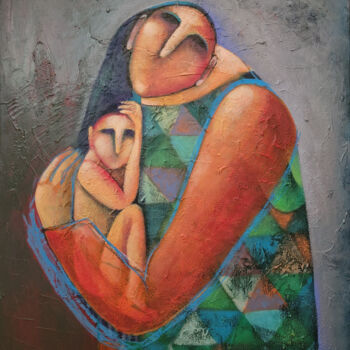 Painting titled "MATERNAL EMBRACE" by Liana Asatryan, Original Artwork, Oil Mounted on Wood Stretcher frame
