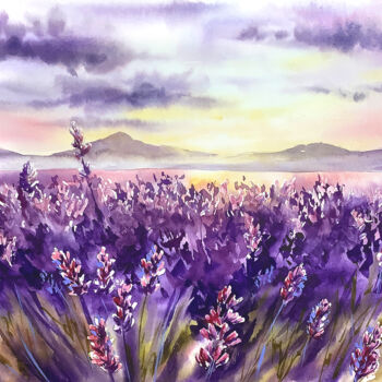 Painting titled "Lavender  field" by Lidia Nureeva, Original Artwork, Watercolor