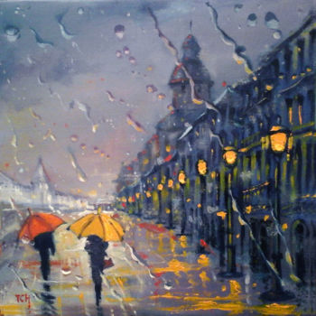 Painting titled "Piove in città" by Lidia Tchoumakova, Original Artwork, Oil