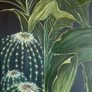 Painting titled "Les cactus" by Valerie Le Guyader, Original Artwork, Oil Mounted on Wood Stretcher frame