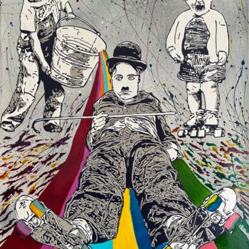 Painting titled "CHARLIE CHAPLIN AND…" by Lionel Cohen, Original Artwork, Acrylic Mounted on Wood Stretcher frame