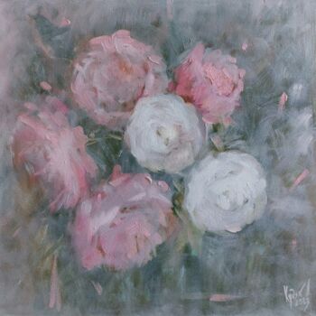 Malarstwo zatytułowany „Gentle peonies” autorstwa Liubomyr Khudiak, Oryginalna praca, Olej