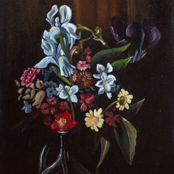 Painting titled "Bouquet in a vase" by Lala Belyaevskaya (Lalabel), Original Artwork, Oil Mounted on Cardboard