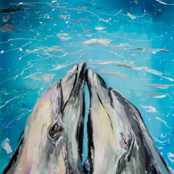 Peinture intitulée "Dolphin love" par Liubov Kuptsova, Œuvre d'art originale, Huile Monté sur Châssis en bois