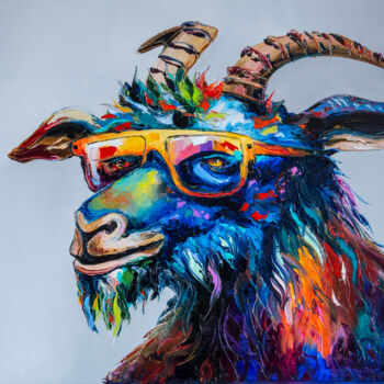 Pintura titulada "Goat in sunglasses" por Liubov Kuptsova, Obra de arte original, Oleo Montado en Bastidor de camilla de mad…