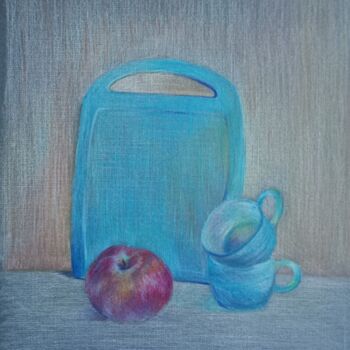 Painting titled "blue cups still life" by Liudmila Rabinovich, Original Artwork, Conté