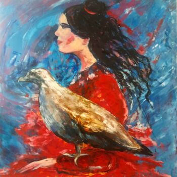 Pintura titulada "Woman with a bird" por Liudmyla Boichuk, Obra de arte original, Oleo