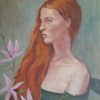 Schilderij getiteld "Woman with Magnolias" door Liudmyla Lelechenko, Origineel Kunstwerk, Olie