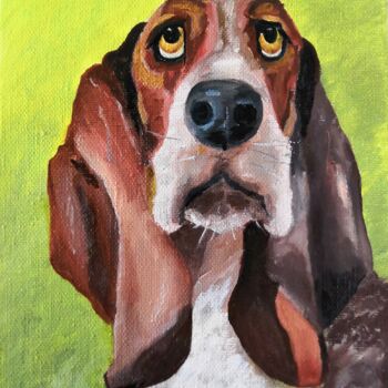 Painting titled "Dog Basset hound" by Liudmyla Riabkova, Original Artwork, Oil