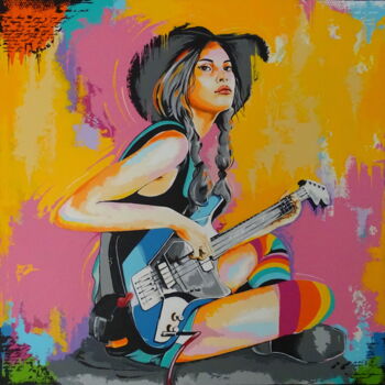 Painting titled "Female guitar player" by Livien Rózen, Original Artwork, Acrylic