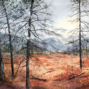 Painting titled "Forest Painting Sun…" by Lolita Ros, Original Artwork, Watercolor