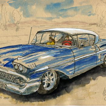 Malerei mit dem Titel "Chevrolet Impala 19…" von Loran De Cevinne, Original-Kunstwerk, Aquarell