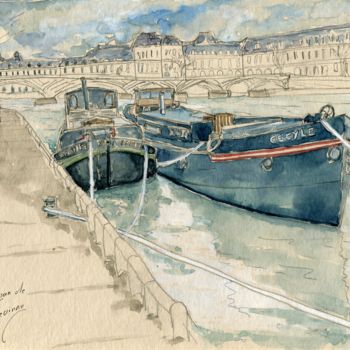 Malerei mit dem Titel "Paris, quai de Conti" von Loran De Cevinne, Original-Kunstwerk, Aquarell
