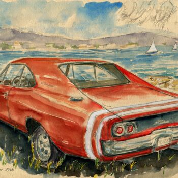 Pintura intitulada "Dodge Charger 1968" por Loran De Cevinne, Obras de arte originais, Aquarela