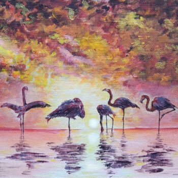 Schilderij getiteld "African flamingos a…" door Liubov Samoilova, Origineel Kunstwerk, Acryl Gemonteerd op Andere stijve pan…