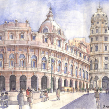 Pintura titulada "Piazza De Ferrari a…" por Luca Massone, Obra de arte original, Acuarela