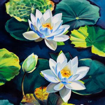Painting titled "White water lily fl…" by Lucia Verdejo, Original Artwork, Oil Mounted on Wood Panel