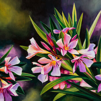 Peinture intitulée "Pink oleander flowe…" par Lucia Verdejo, Œuvre d'art originale, Huile Monté sur Panneau de bois