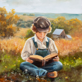 Pittura intitolato "Farmer boy reading…" da Lucia Verdejo, Opera d'arte originale, Olio Montato su Pannello di legno