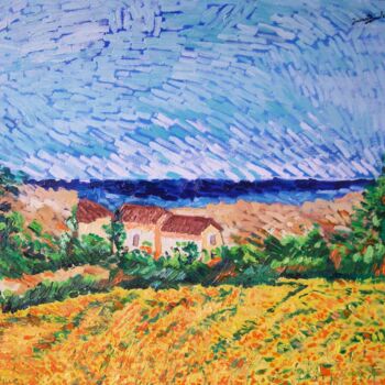 Painting titled "Campo di girasoli" by Luciano Basile, Original Artwork, Oil Mounted on Wood Stretcher frame