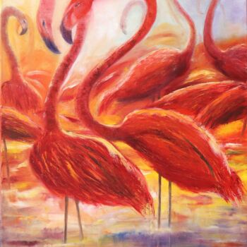 Schilderij getiteld "Red flamingos" door Ludmilla Ukrow, Origineel Kunstwerk, Olie