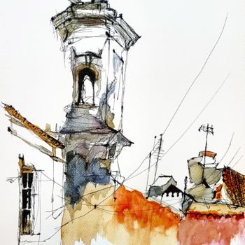 Painting titled "Tour de Lisboa" by Lukas Adami, Original Artwork, Ink