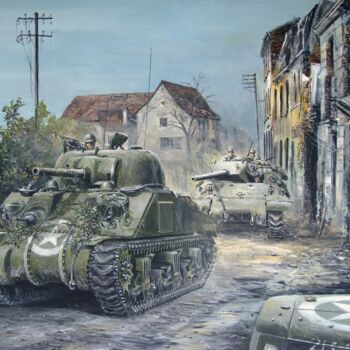 Painting titled "M4 Sherman Normandy…" by Łukasz Kasperczyk, Original Artwork, Oil