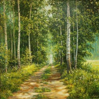 Peinture intitulée "birch alley" par Sergei Korotkov, Œuvre d'art originale, Huile