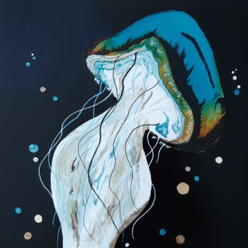 Peinture intitulée "Méduse bleu vert" par Lydie Trichet, Œuvre d'art originale, Peinture vitrail Monté sur Châssis en bois