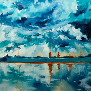 Painting titled "Overhanging clouds…" by Mariia Iakovleva, Original Artwork, Oil Mounted on Wood Stretcher frame