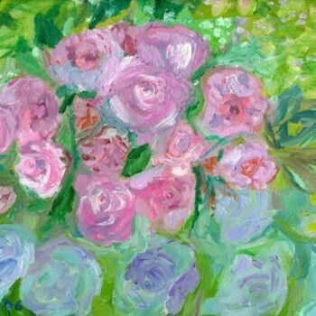 Painting titled "Roses roses et bleu…" by Madeleine Gendron, Original Artwork, Oil