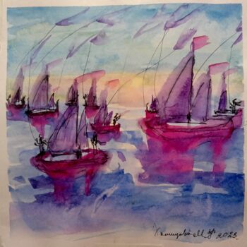 Картина под названием "Фиолетовый флот "Ту…" - Madina Khamidova, Подлинное произведение искусства, Акварель