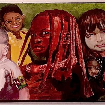Painting titled "Raoni et nos enfants" by Magali Laure Tissier, Original Artwork, Oil