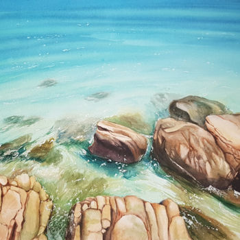 Malarstwo zatytułowany „Seascape with stone…” autorstwa Svetlana Lileeva, Oryginalna praca, Akwarela