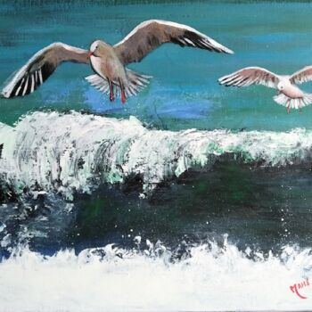 Peinture intitulée "Mouettes et vagues" par Mahé Ros, Œuvre d'art originale, Acrylique